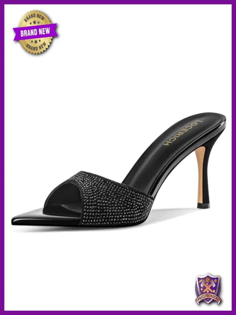 Rhinestone Open Toe Mule Sandals, High Heel, Faux Patent Leather, 3.2
